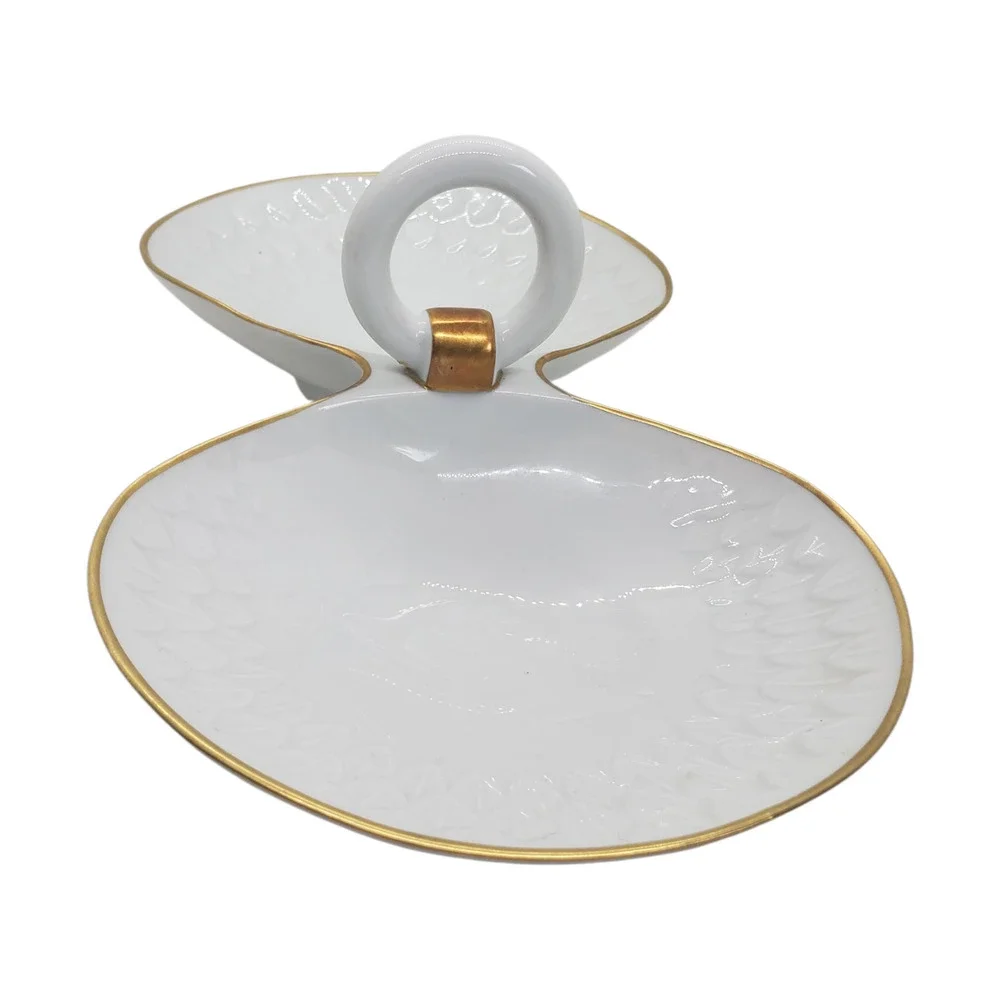 Vintage Limoges France Double Clam Shell Dish Trinket White Porcelain Gold Trim